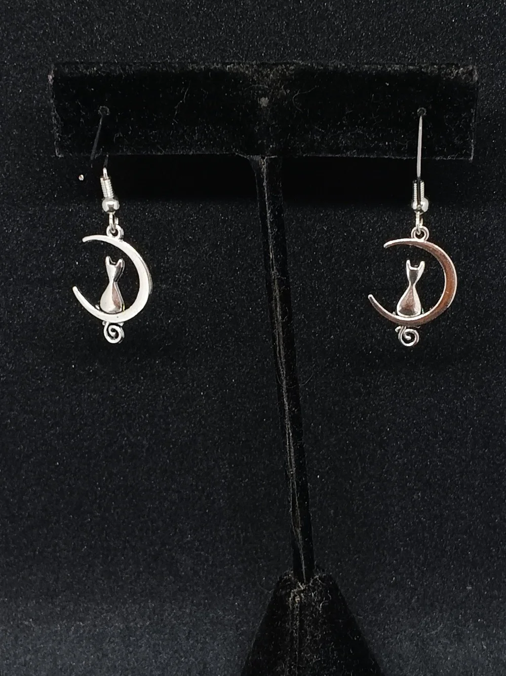 Whimsical Silver Cat & Crescent Moon Dangle Earrings